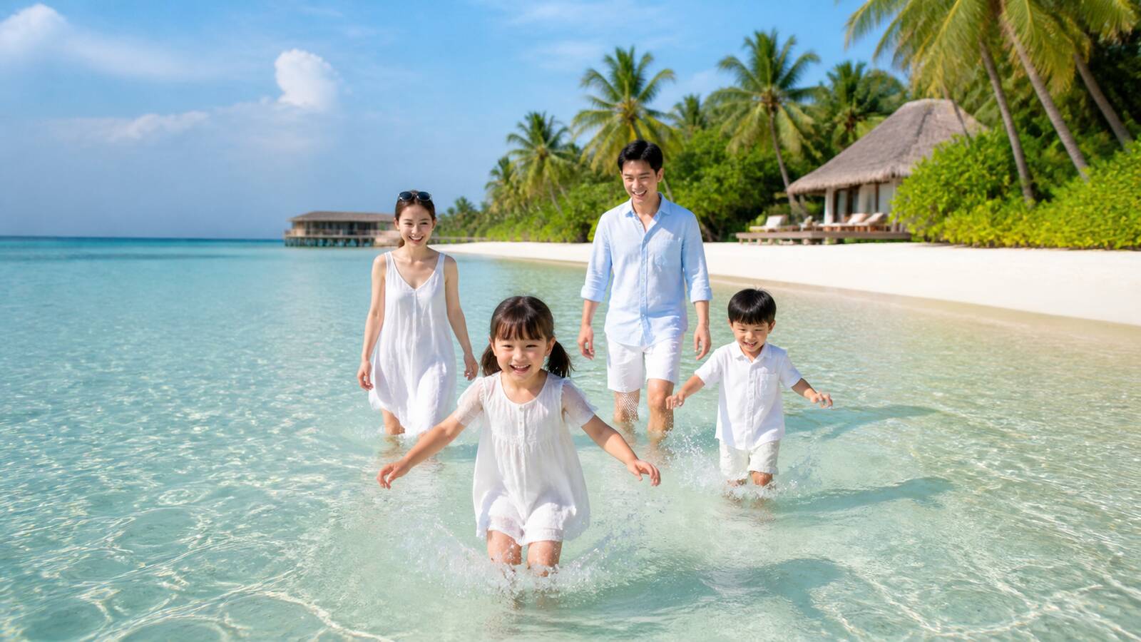モルディブの浅いラグーンを楽しむ家族